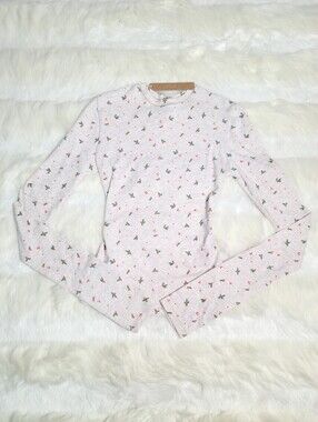 SKIMS Cotton Jersey Long Sleeve T-shirt Holly Print Oatmeal Women XXS NEW
